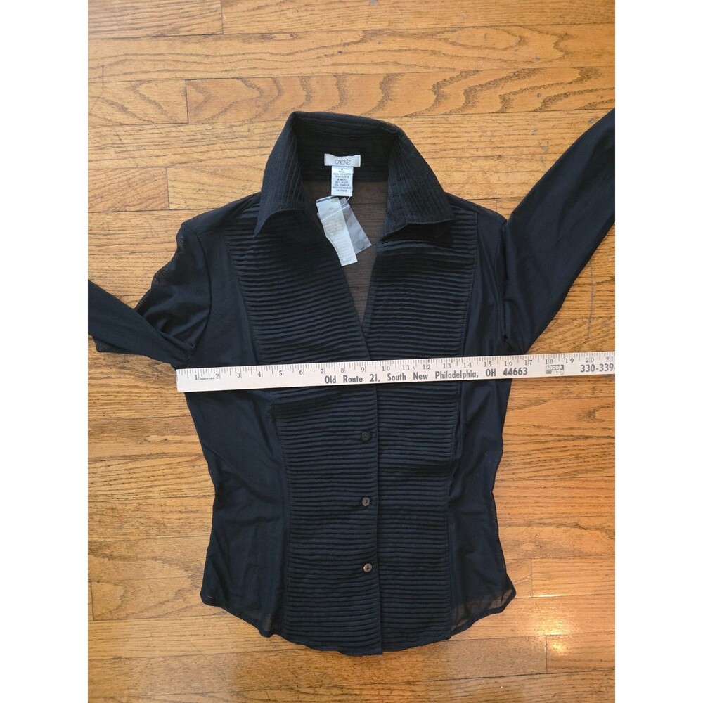 VTG Y2K Cache Button Front Long Sleeve Pleated Blouse Black Size 6 NWT - Picture 6 of 7